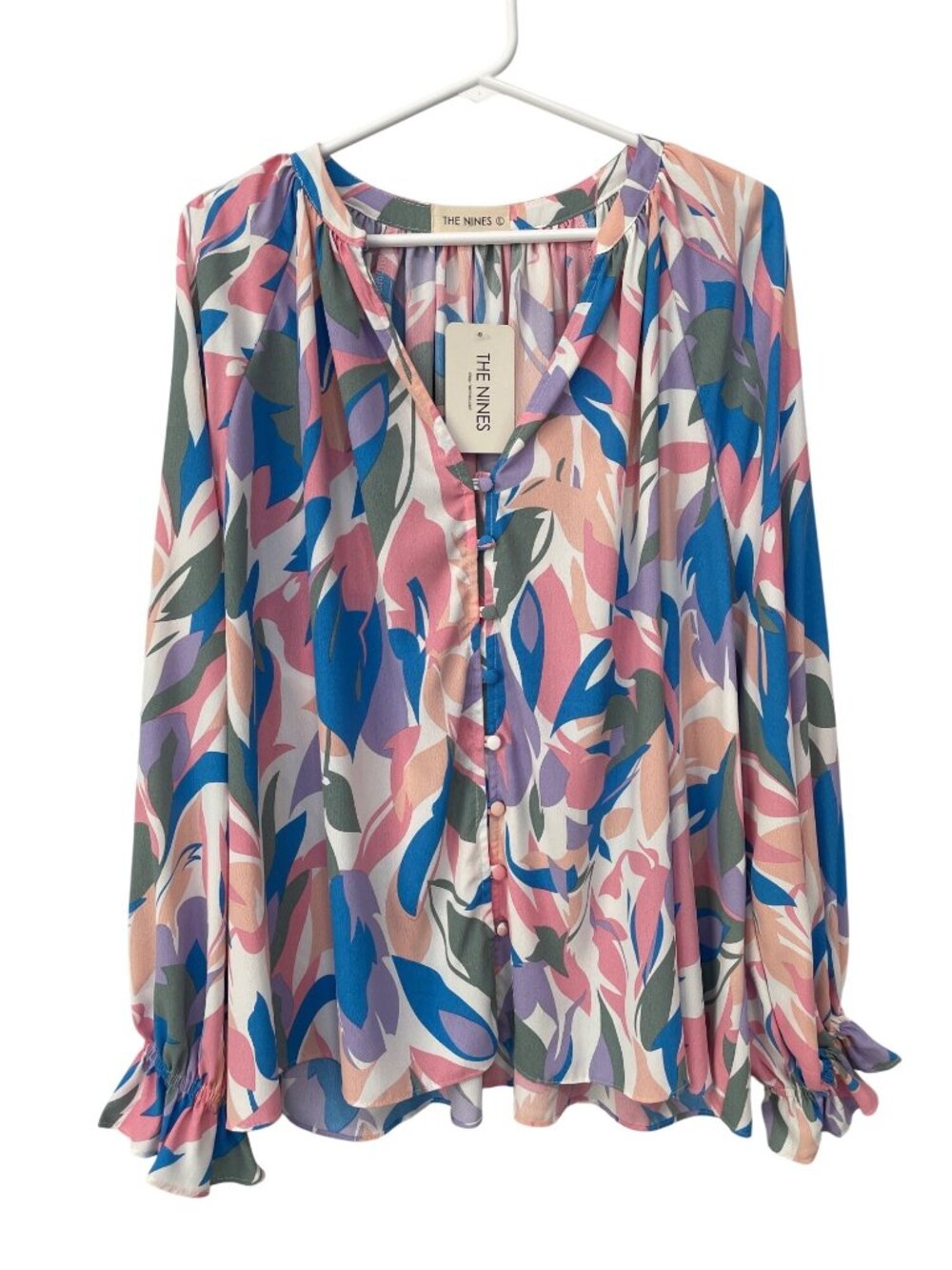 The Nines Blouse Large Stepping Into Spring Printed Button Up Top Multicolor NEW